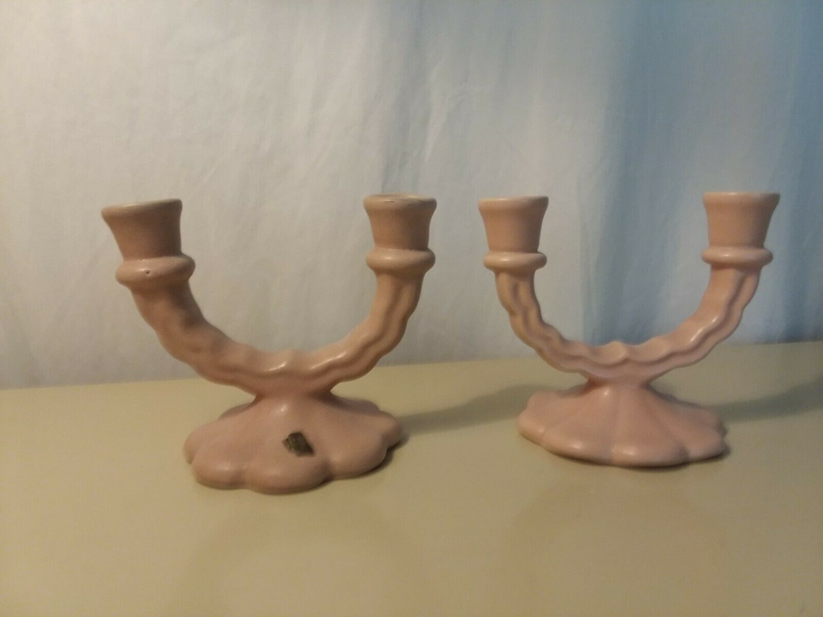 Early Pair Camark Double Candleholders Impressed Marks Rose Mauve Pink