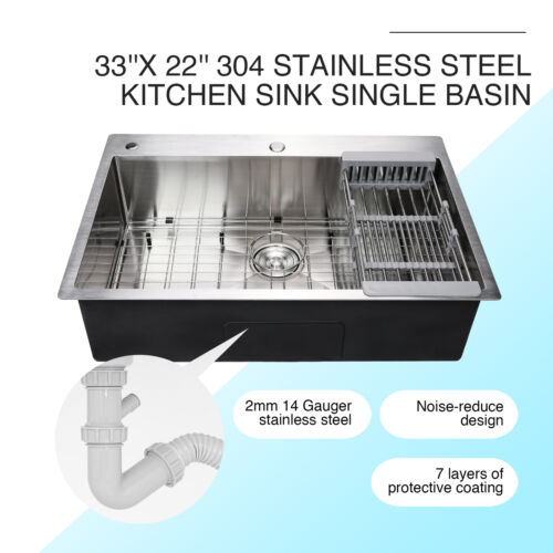 33" X 22" X 9" Top Mount Kitchen Sink Stainless Steel Single Basin W/ Strainer