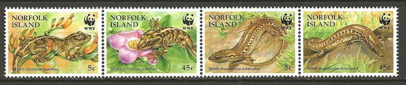 Norfolk 1996 Wwf Wildlife Fauna Animals Tiere Dieren Reptile Geco Skink Set Mnh