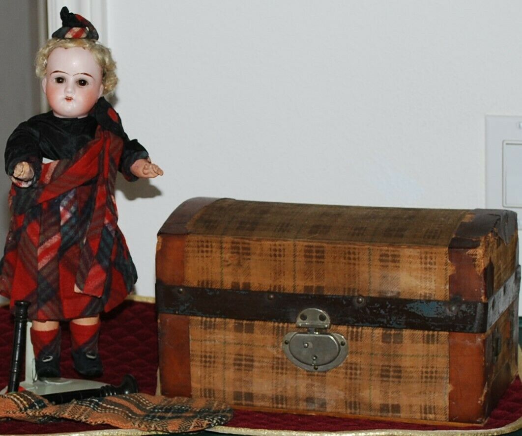 Doll W/ Her Trunk And Bag Pipes