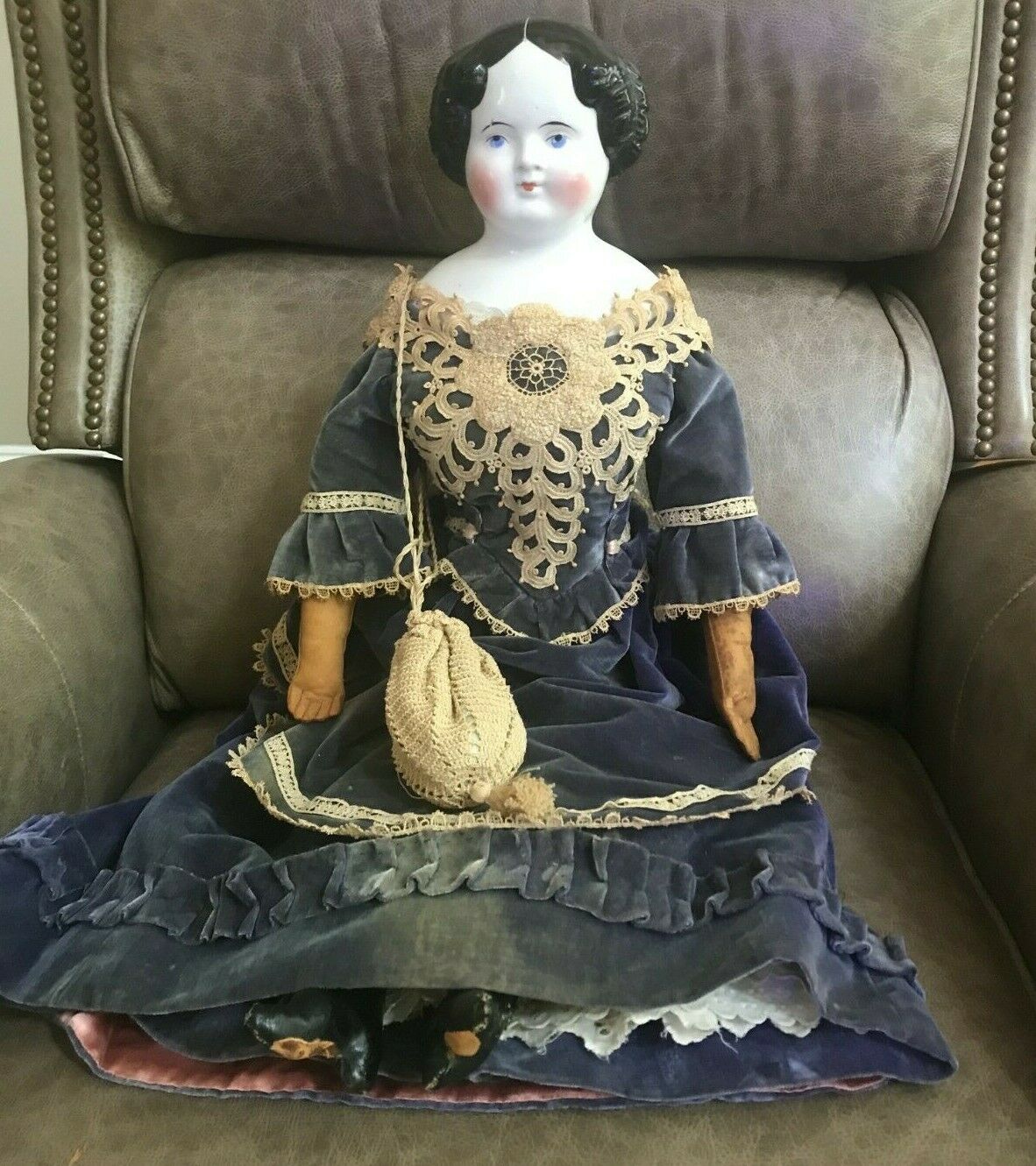 Large 28" Antique German China Head Doll Leather Hands And Boots Antique Clothes