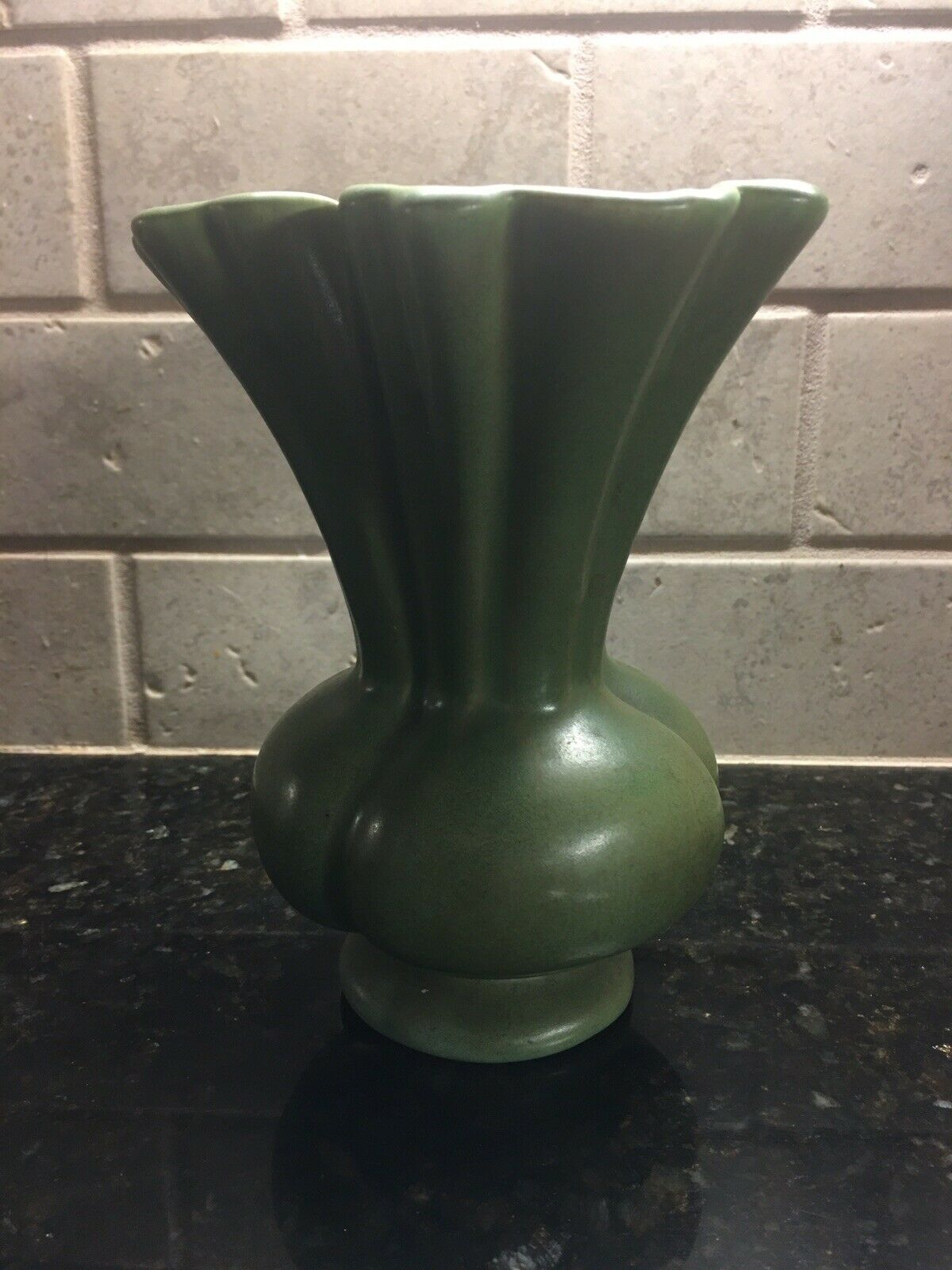 Vintage Camark Art Pottery Green Bulbous Vase Ruffled Marked