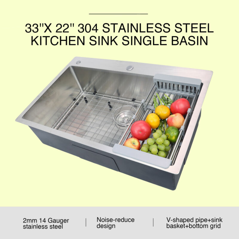 33" X 22" X 9" Stainless Steel Top Mount Kitchen Sink Single Basin W/ Strainer