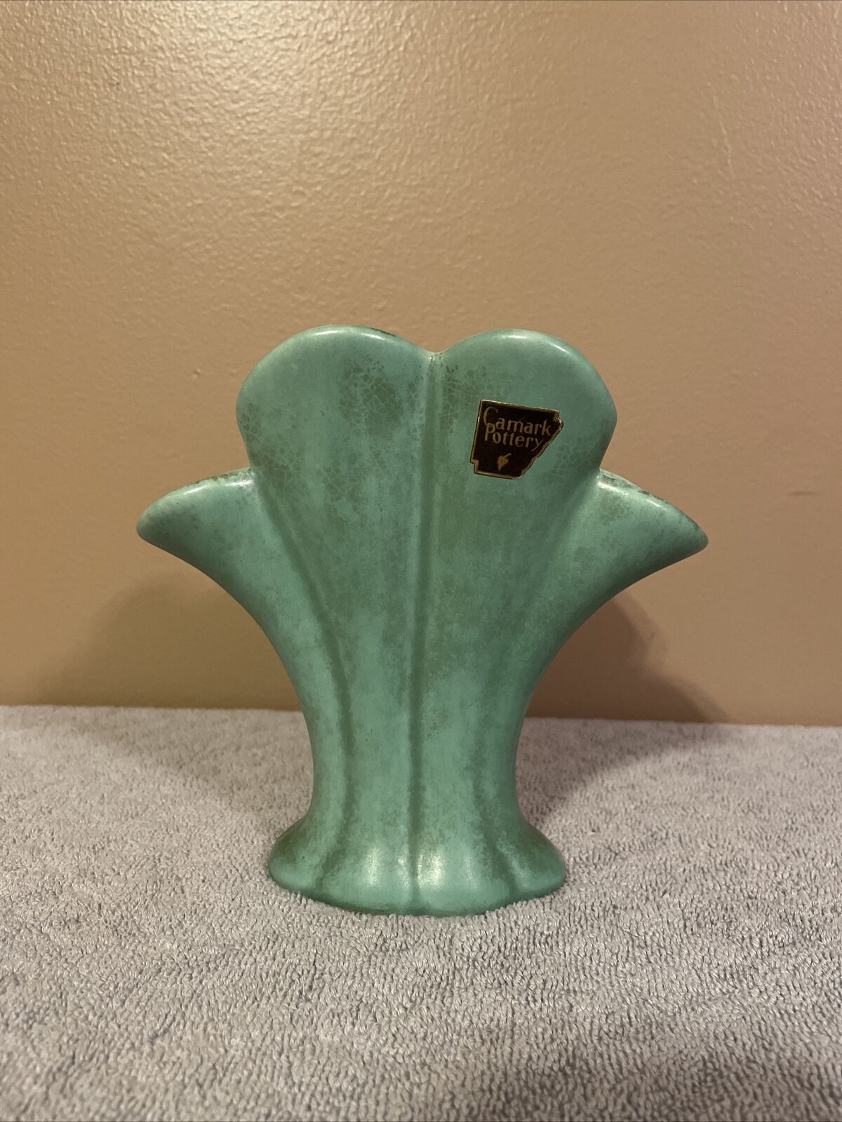 Vintage Camark  Fluted Fan Bud Vase Aqua Green Drip Glaze 6"