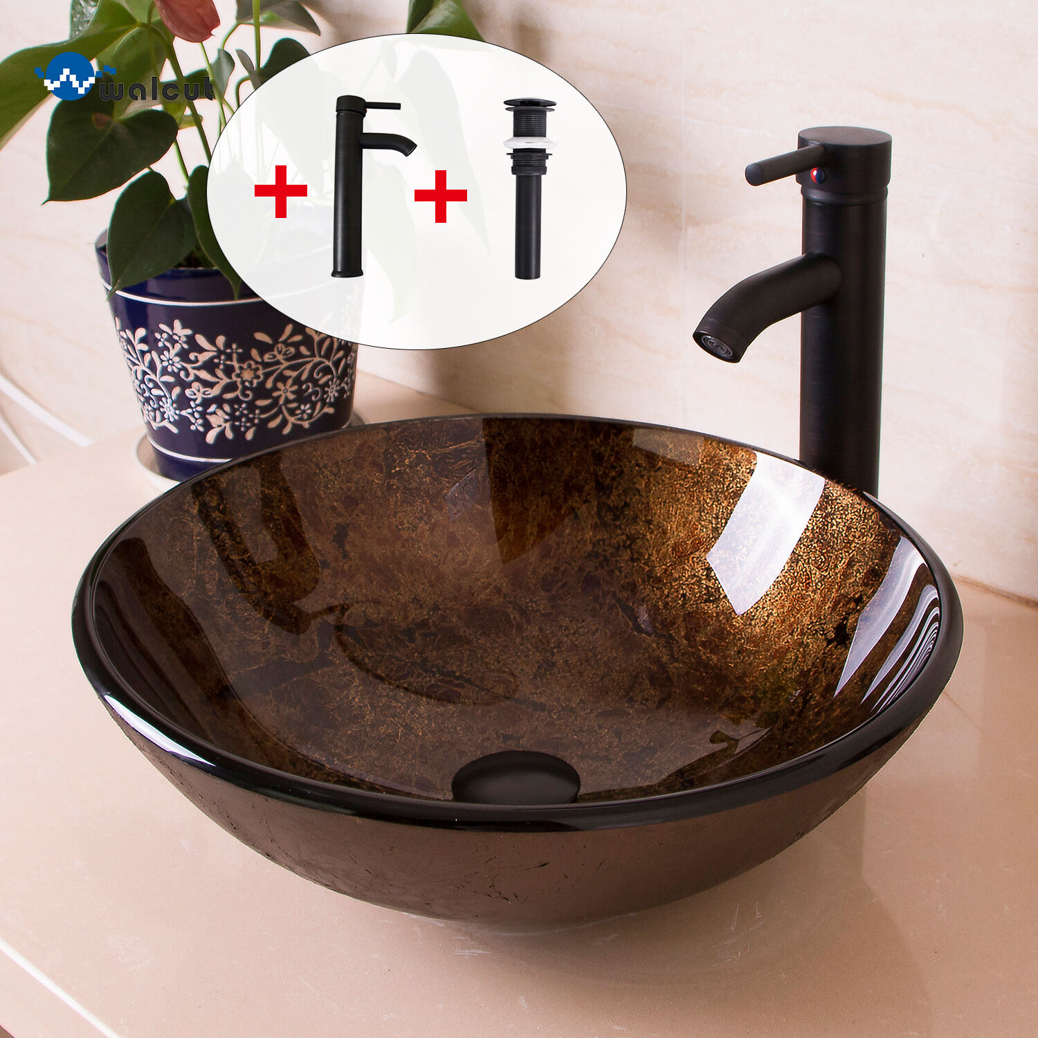 Round Bathroom Glass Vessel Sink Bowl Oil Rubbed Bronze Faucet Drain Combo Set