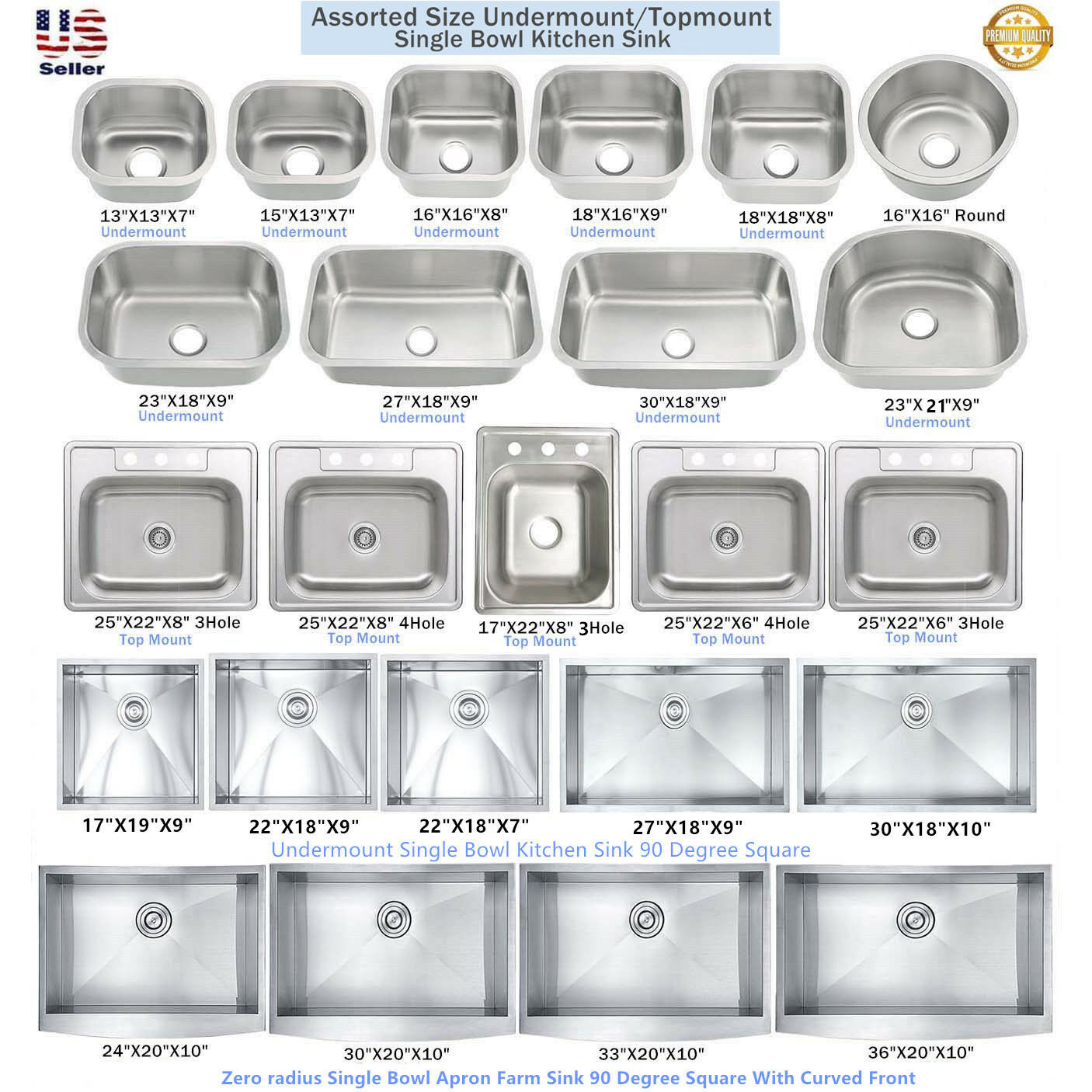 Stainless Steel Single Bowl Topmount / Undermount Kitchen Sink Multiple Size